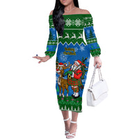 Personalised Scotland Christmas Off The Shoulder Long Sleeve Dress Scottish Santa With Reindeer Nollaig Chridheil - Wonder Print Shop