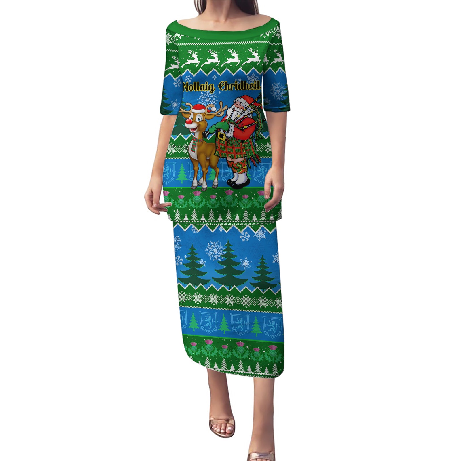 Personalised Scotland Christmas Puletasi Scottish Santa With Reindeer Nollaig Chridheil - Wonder Print Shop