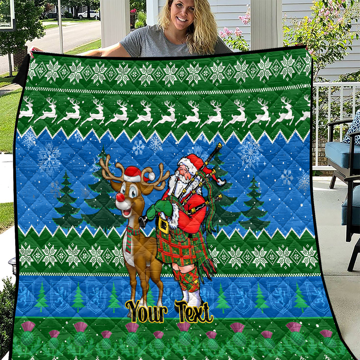 Personalised Scotland Christmas Quilt Scottish Santa With Reindeer Nollaig Chridheil - Wonder Print Shop