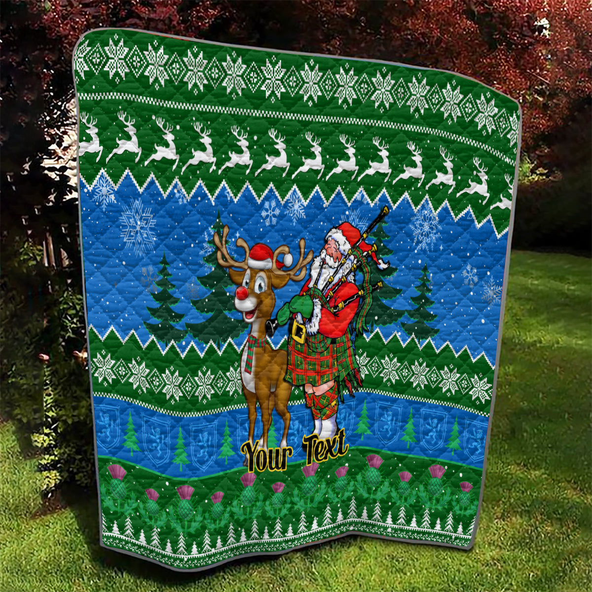 Personalised Scotland Christmas Quilt Scottish Santa With Reindeer Nollaig Chridheil - Wonder Print Shop