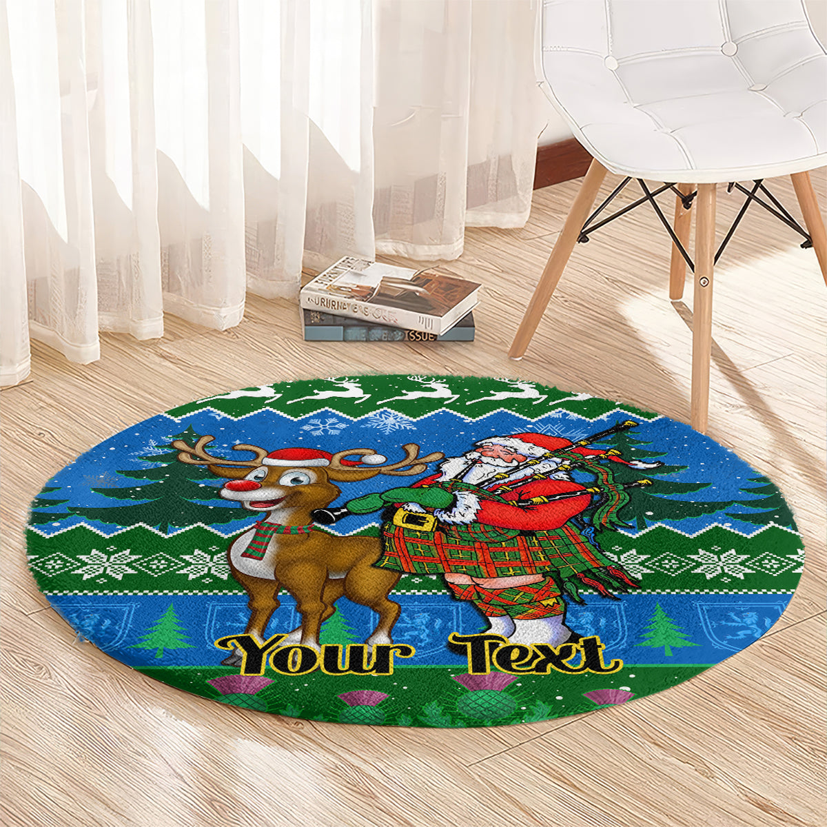 personalised-scotland-christmas-round-carpet-scottish-santa-with-reindeer-nollaig-chridheil
