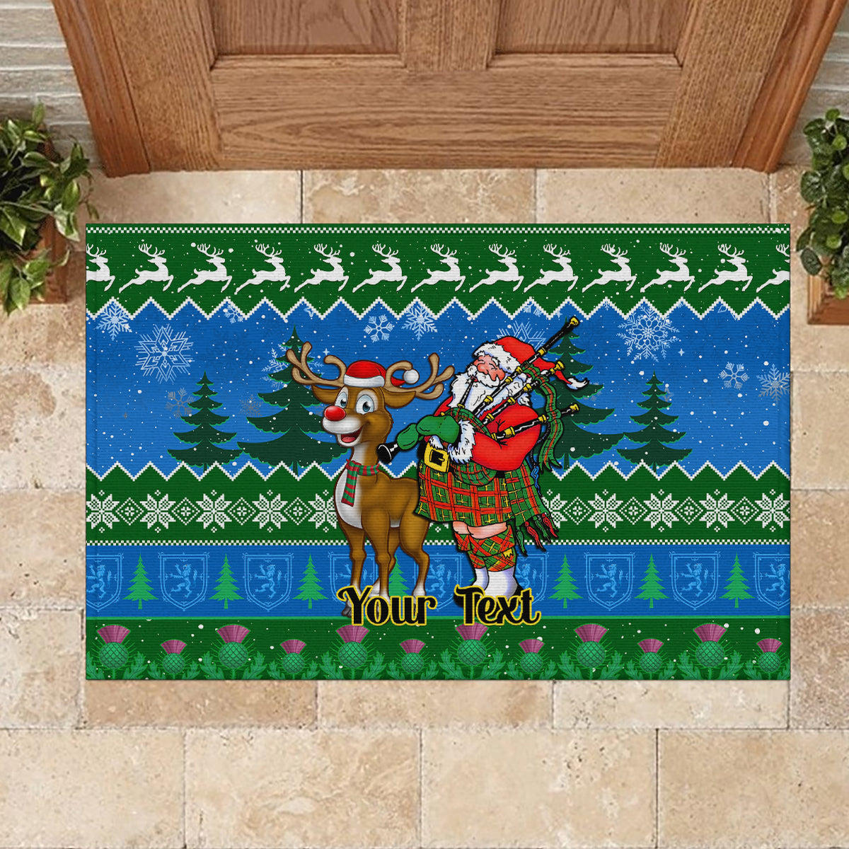 Personalised Scotland Christmas Rubber Doormat Scottish Santa With Reindeer Nollaig Chridheil - Wonder Print Shop
