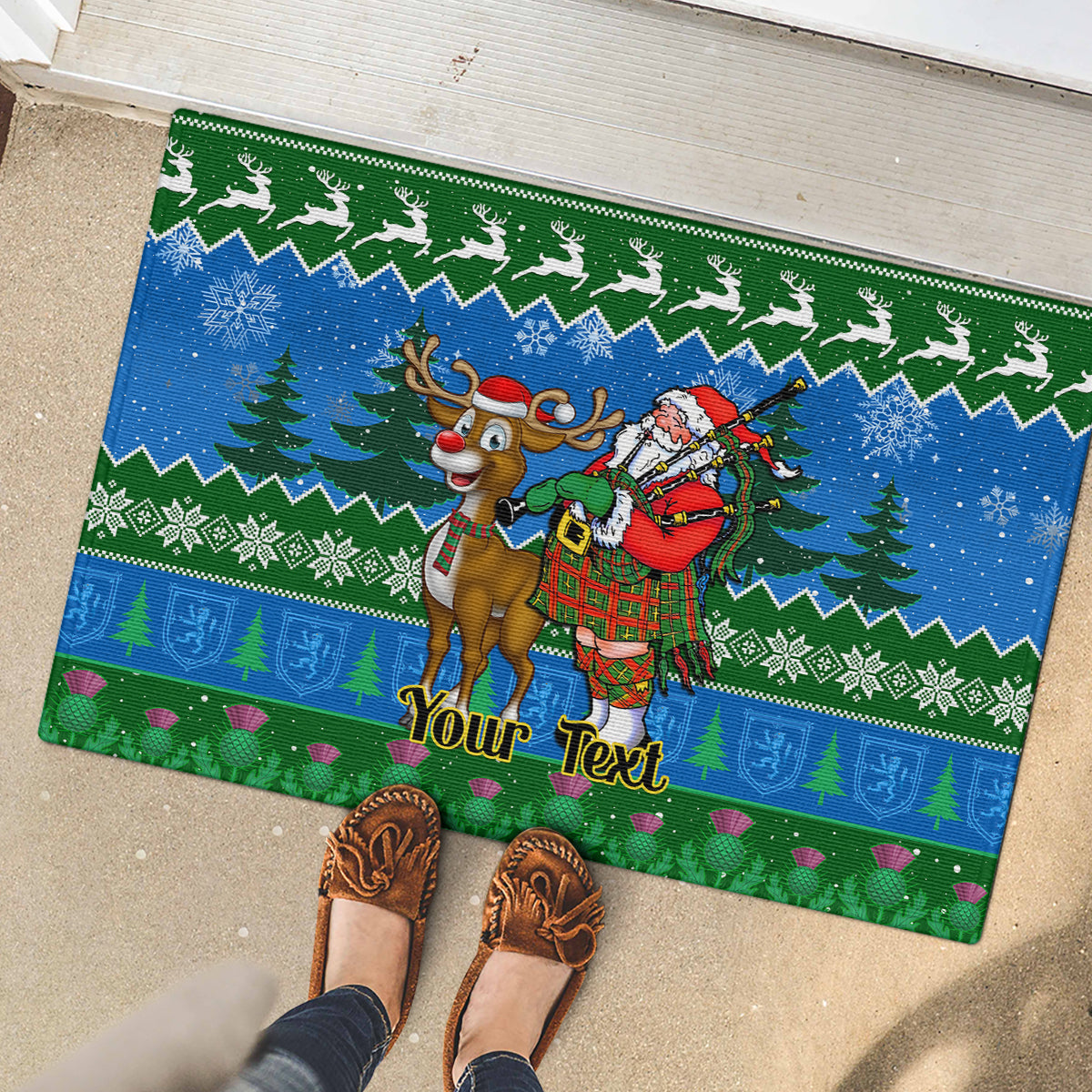 Personalised Scotland Christmas Rubber Doormat Scottish Santa With Reindeer Nollaig Chridheil - Wonder Print Shop