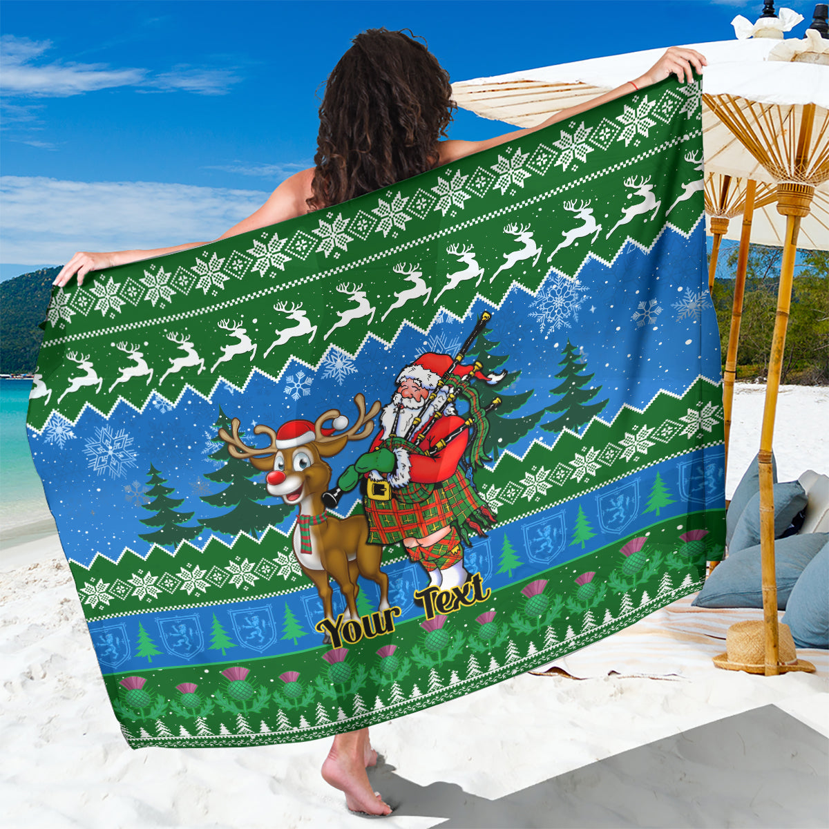 Personalised Scotland Christmas Sarong Scottish Santa With Reindeer Nollaig Chridheil - Wonder Print Shop