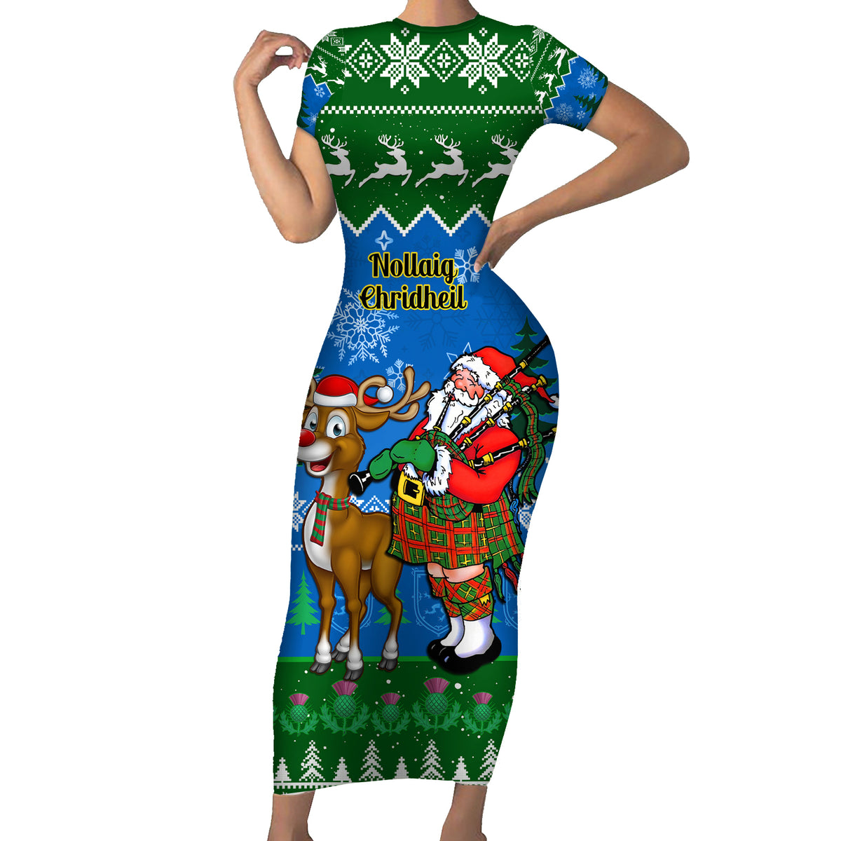 Personalised Scotland Christmas Short Sleeve Bodycon Dress Scottish Santa With Reindeer Nollaig Chridheil - Wonder Print Shop
