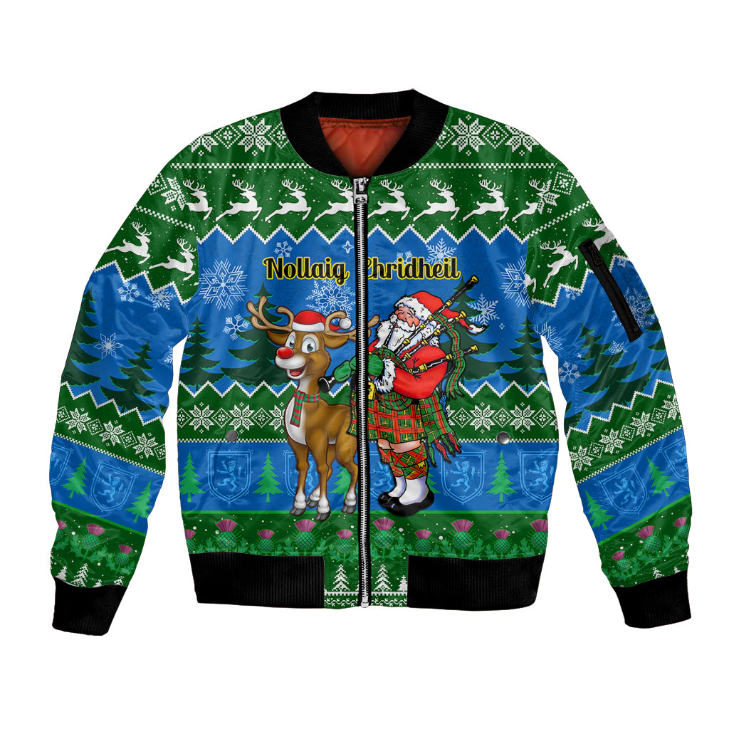 Personalised Scotland Christmas Sleeve Zip Bomber Jacket Scottish Santa With Reindeer Nollaig Chridheil - Wonder Print Shop