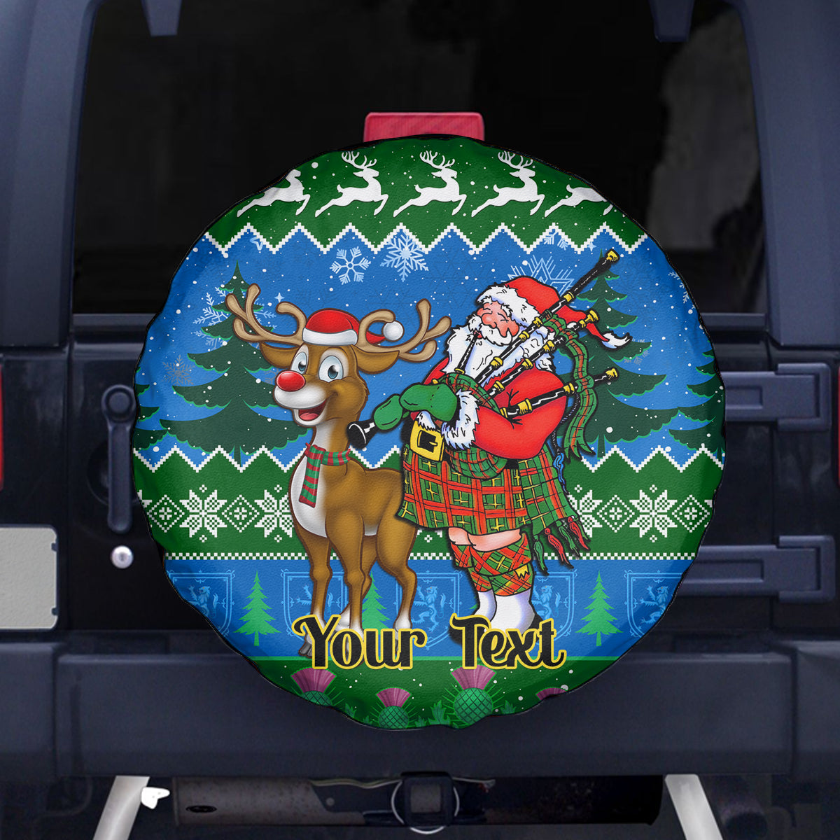 Personalised Scotland Christmas Spare Tire Cover Scottish Santa With Reindeer Nollaig Chridheil - Wonder Print Shop