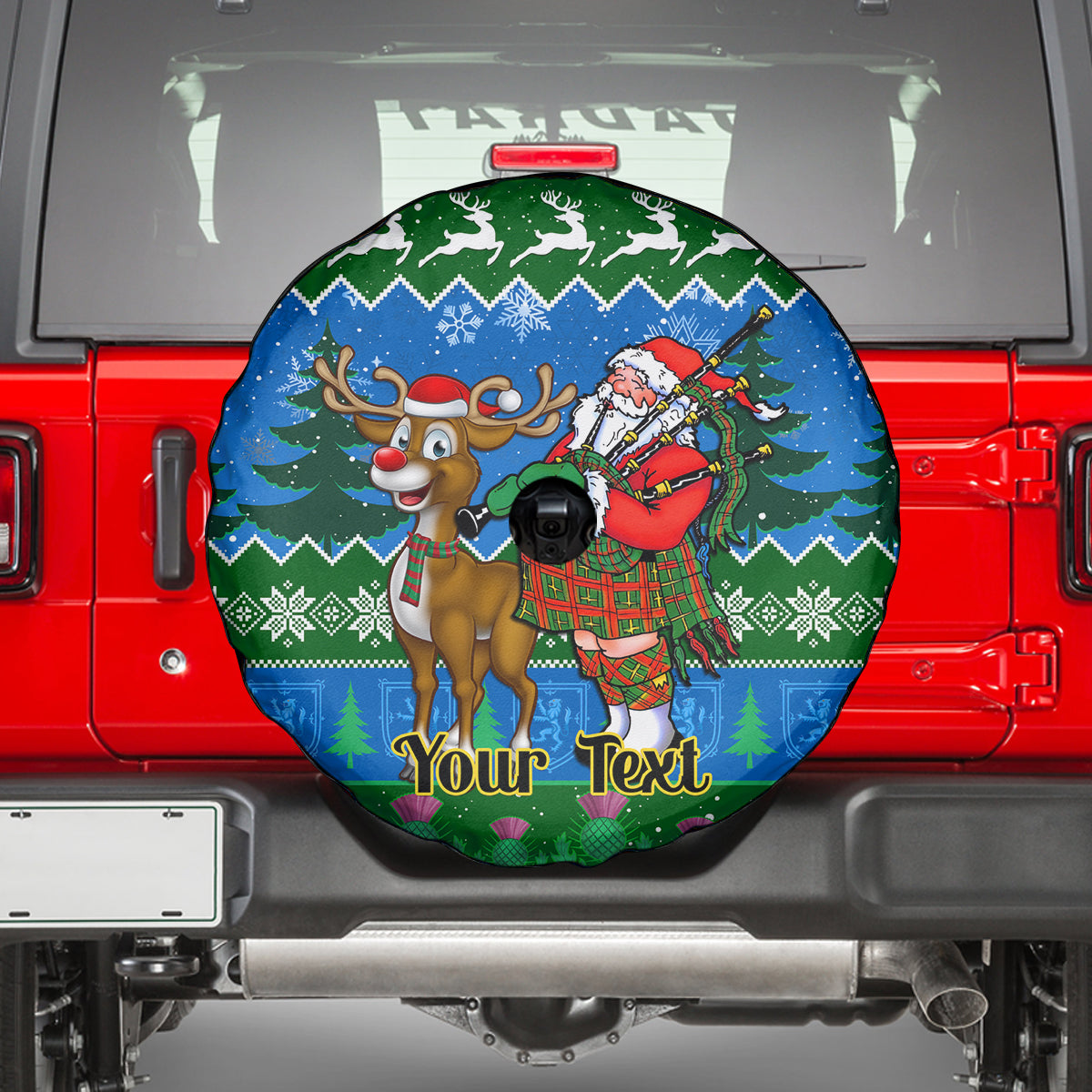 Personalised Scotland Christmas Spare Tire Cover Scottish Santa With Reindeer Nollaig Chridheil - Wonder Print Shop