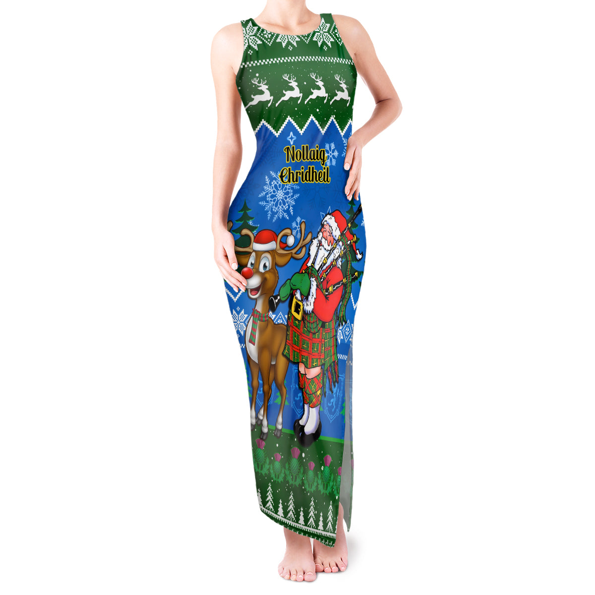 Personalised Scotland Christmas Tank Maxi Dress Scottish Santa With Reindeer Nollaig Chridheil - Wonder Print Shop