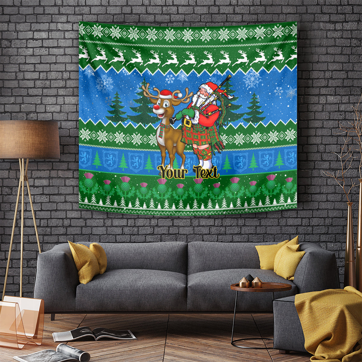 Personalised Scotland Christmas Tapestry Scottish Santa With Reindeer Nollaig Chridheil - Wonder Print Shop