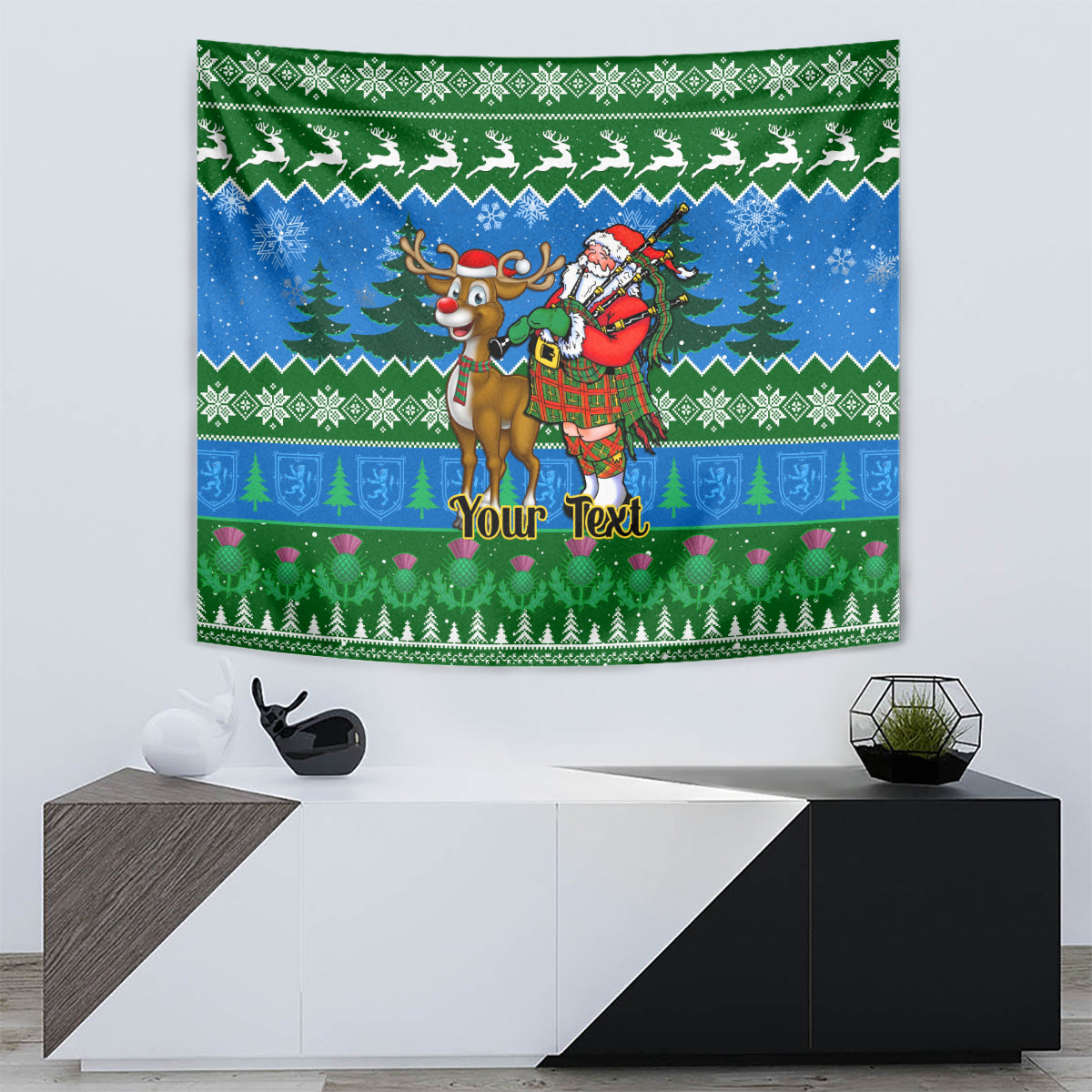 Personalised Scotland Christmas Tapestry Scottish Santa With Reindeer Nollaig Chridheil - Wonder Print Shop