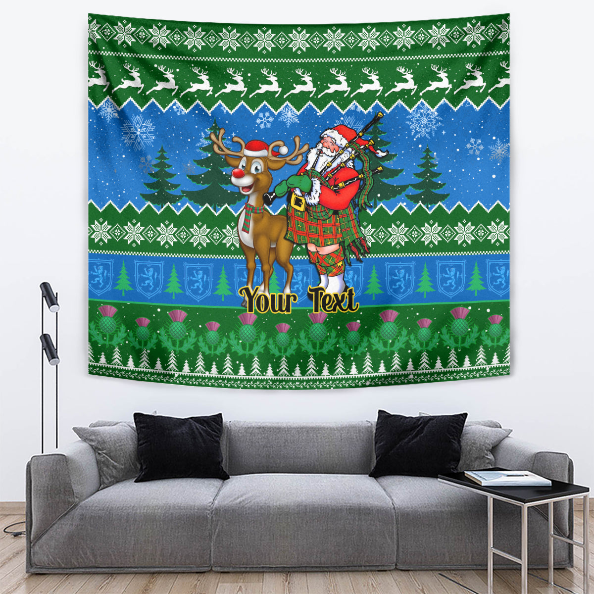 Personalised Scotland Christmas Tapestry Scottish Santa With Reindeer Nollaig Chridheil - Wonder Print Shop