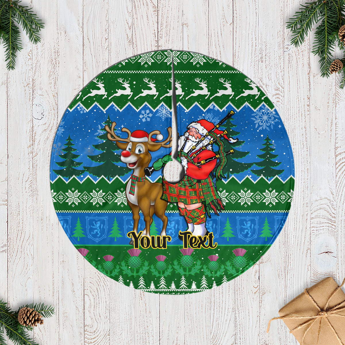 Personalised Scotland Christmas Tree Skirt Scottish Santa With Reindeer Nollaig Chridheil - Wonder Print Shop