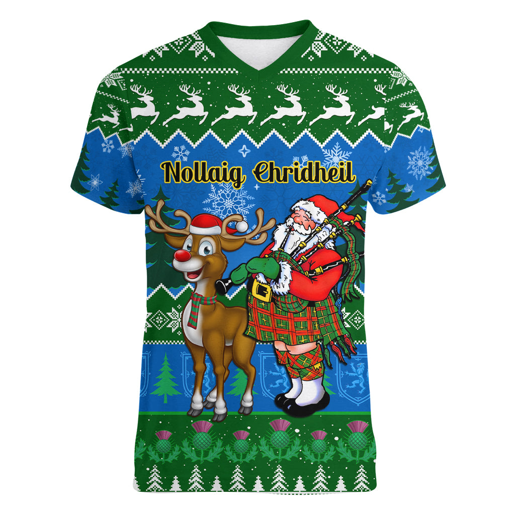 Personalised Scotland Christmas Women V Neck T Shirt Scottish Santa With Reindeer Nollaig Chridheil - Wonder Print Shop