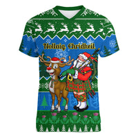 Personalised Scotland Christmas Women V Neck T Shirt Scottish Santa With Reindeer Nollaig Chridheil - Wonder Print Shop