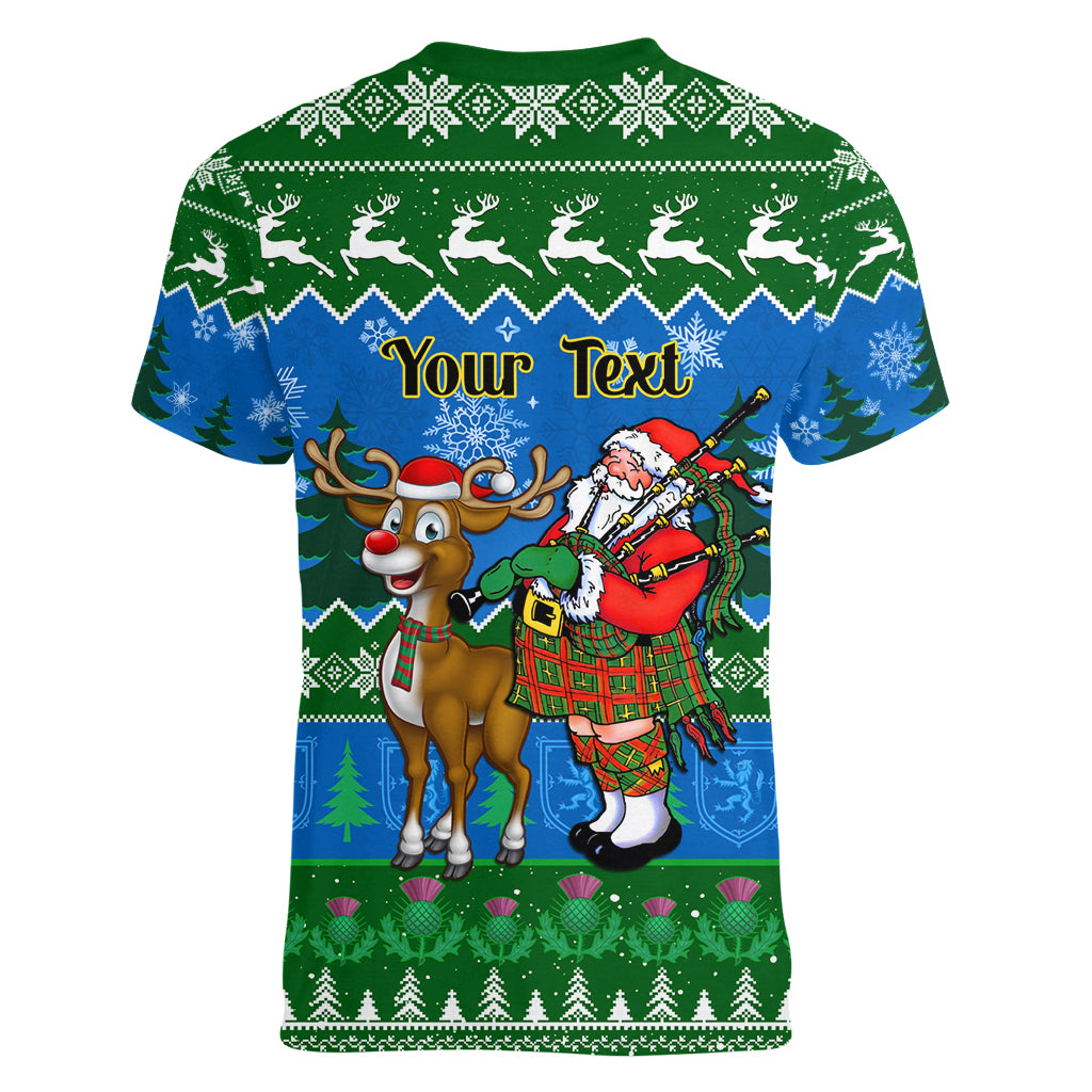 Personalised Scotland Christmas Women V Neck T Shirt Scottish Santa With Reindeer Nollaig Chridheil - Wonder Print Shop