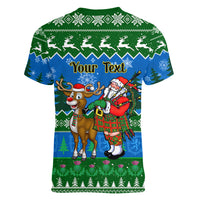 Personalised Scotland Christmas Women V Neck T Shirt Scottish Santa With Reindeer Nollaig Chridheil - Wonder Print Shop