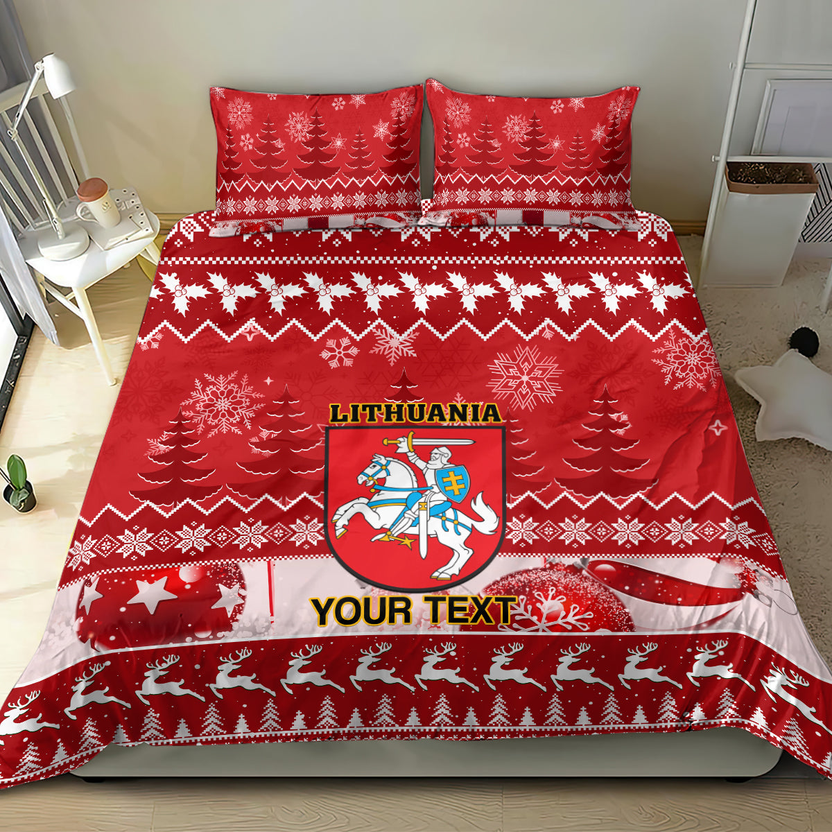 Personalised Lithuania Christmas Bedding Set Linksmu Kaledu - Wonder Print Shop
