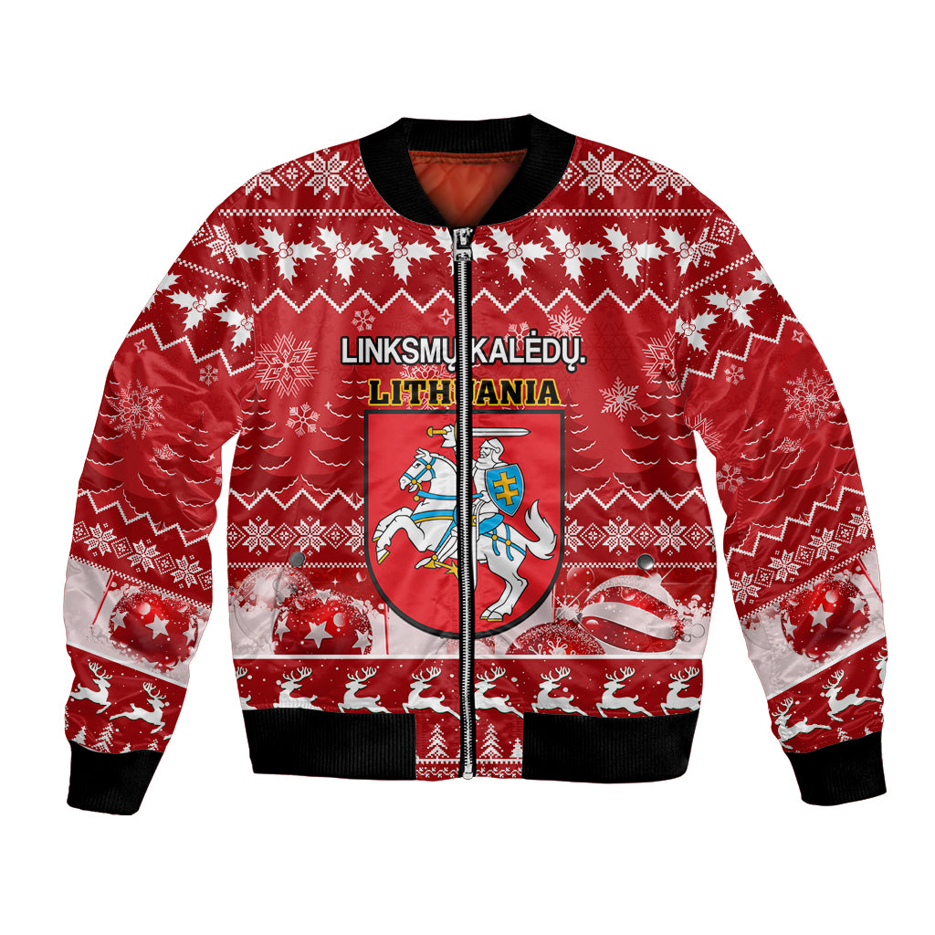 Personalised Lithuania Christmas Bomber Jacket Linksmu Kaledu - Wonder Print Shop