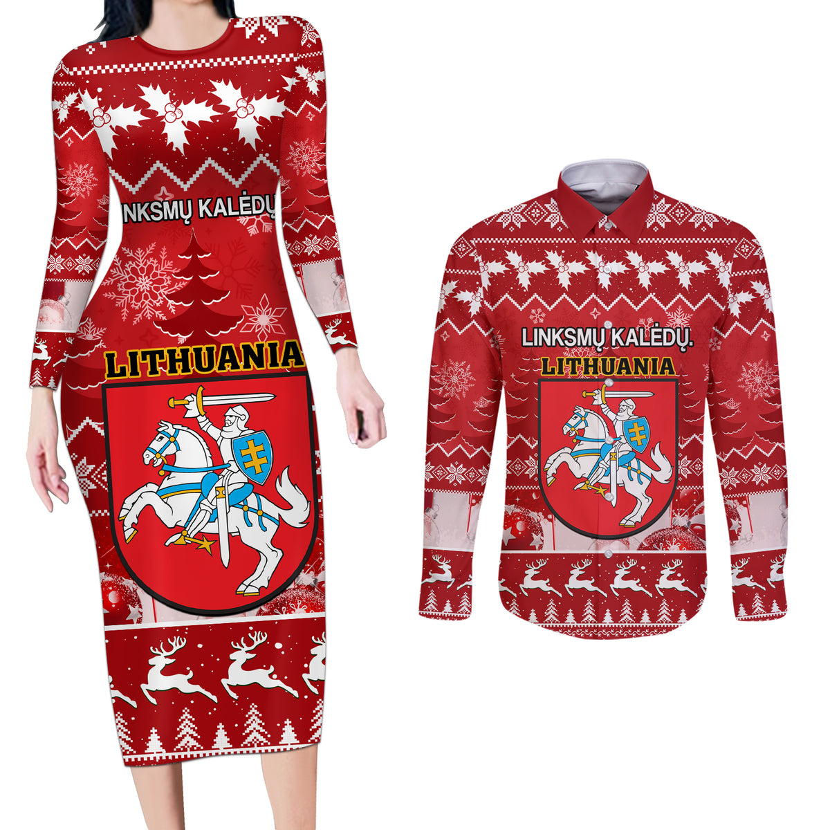 Personalised Lithuania Christmas Couples Matching Long Sleeve Bodycon Dress and Long Sleeve Button Shirt Linksmu Kaledu - Wonder Print Shop