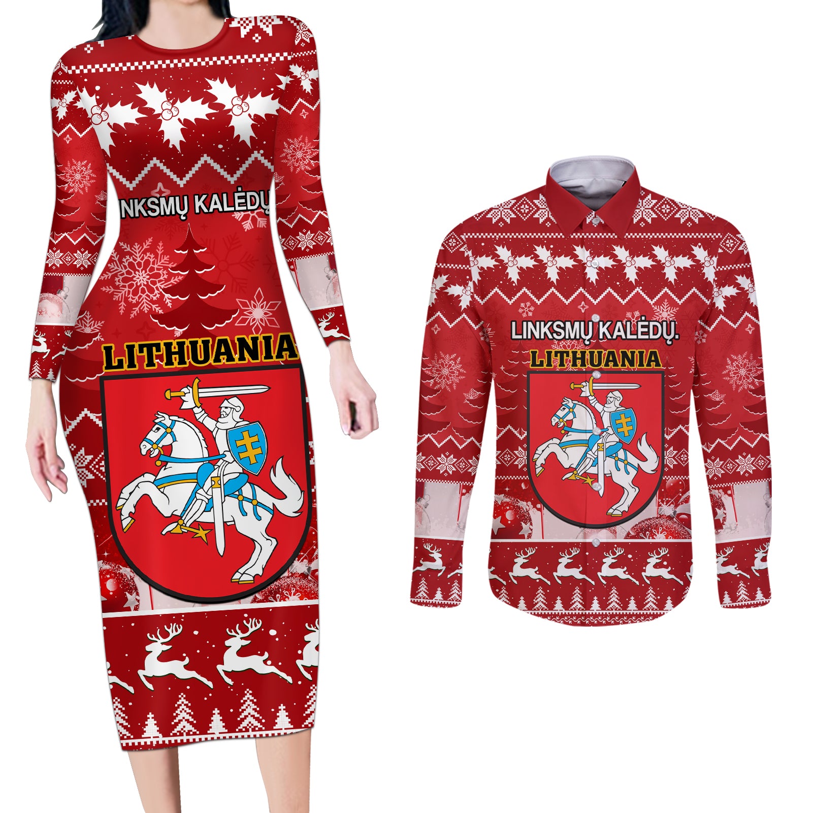 Personalised Lithuania Christmas Couples Matching Long Sleeve Bodycon Dress and Long Sleeve Button Shirt Linksmu Kaledu - Wonder Print Shop