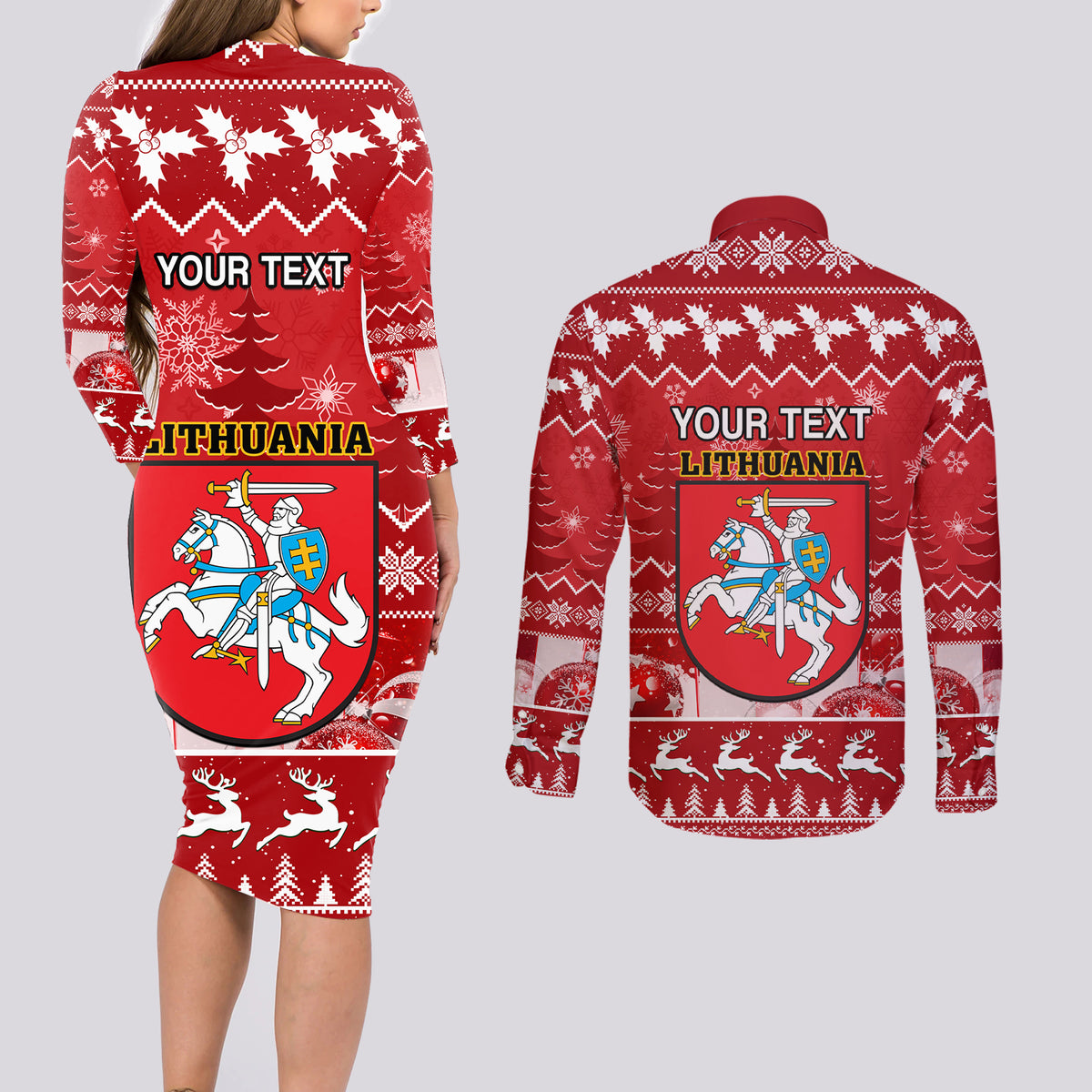 Personalised Lithuania Christmas Couples Matching Long Sleeve Bodycon Dress and Long Sleeve Button Shirt Linksmu Kaledu - Wonder Print Shop