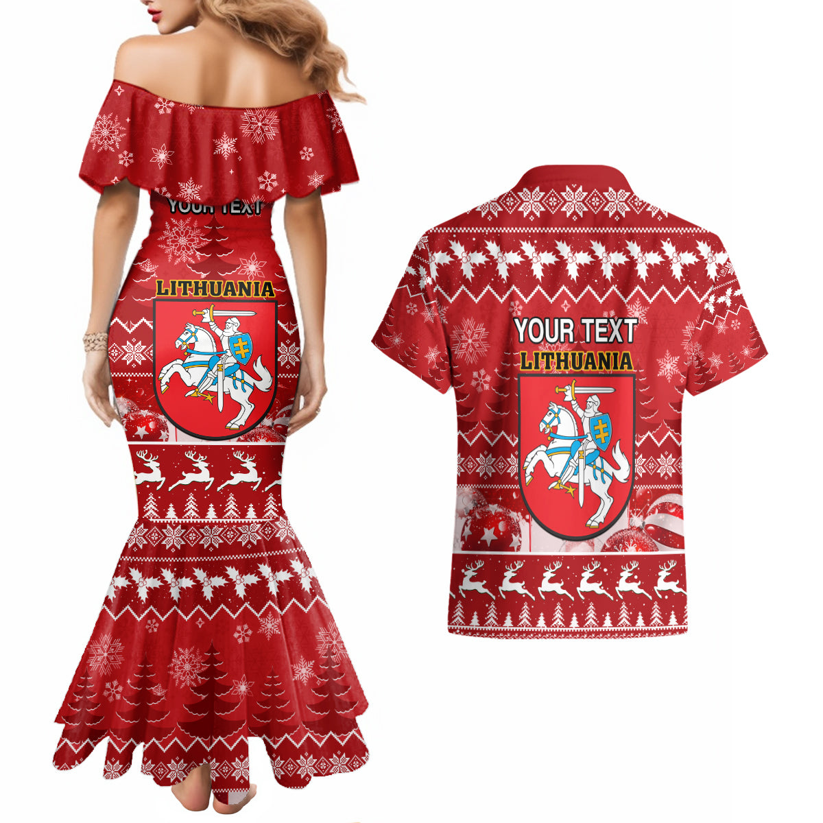 Personalised Lithuania Christmas Couples Matching Mermaid Dress and Hawaiian Shirt Linksmu Kaledu - Wonder Print Shop