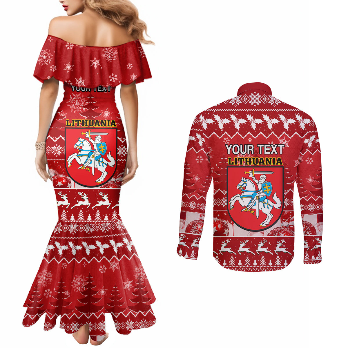 personalised-lithuania-christmas-couples-matching-mermaid-dress-and-long-sleeve-button-shirt-linksmu-kaledu