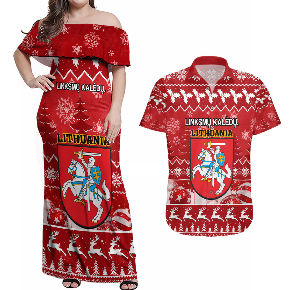 Personalised Lithuania Christmas Couples Matching Off Shoulder Maxi Dress and Hawaiian Shirt Linksmu Kaledu - Wonder Print Shop
