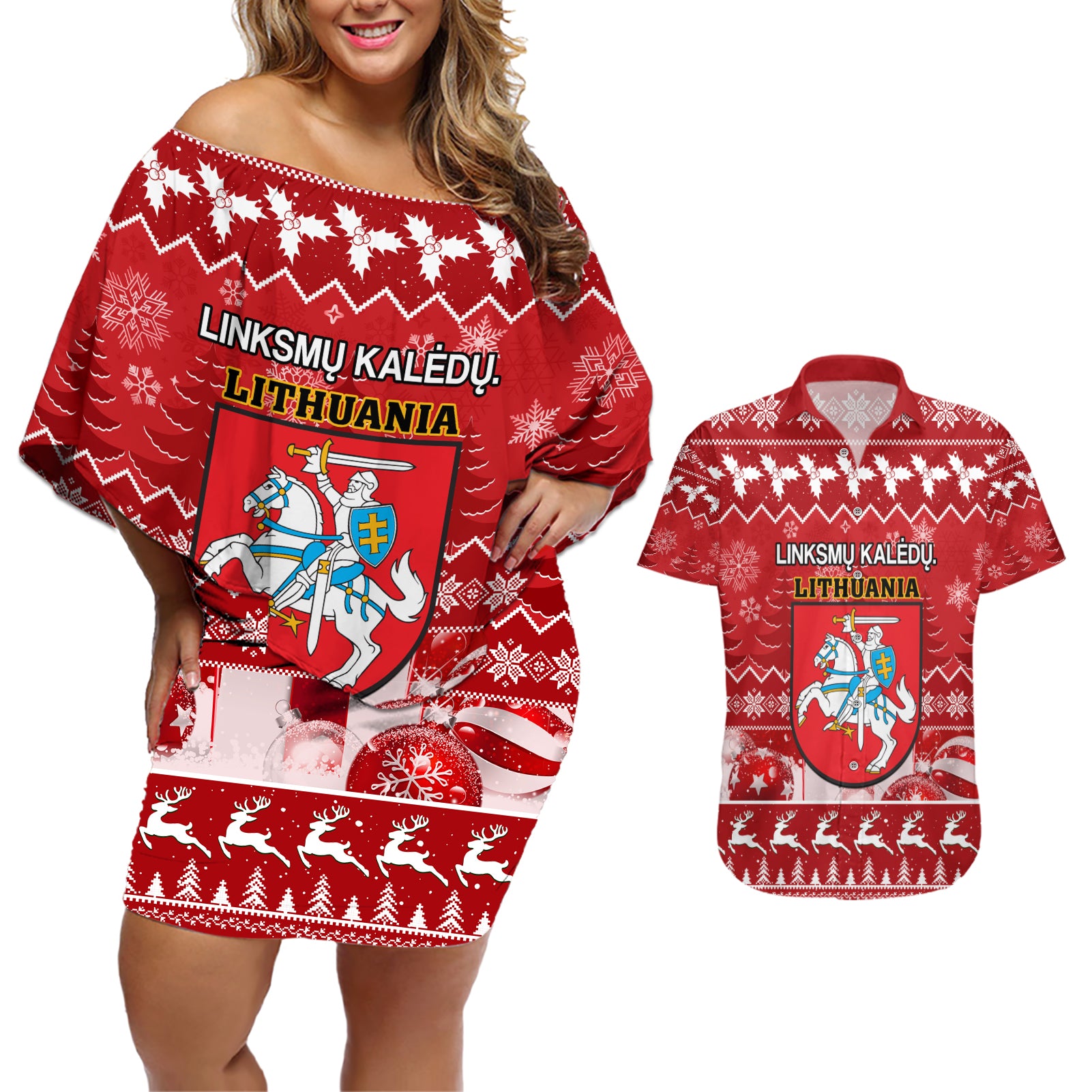 Personalised Lithuania Christmas Couples Matching Off Shoulder Short Dress and Hawaiian Shirt Linksmu Kaledu - Wonder Print Shop