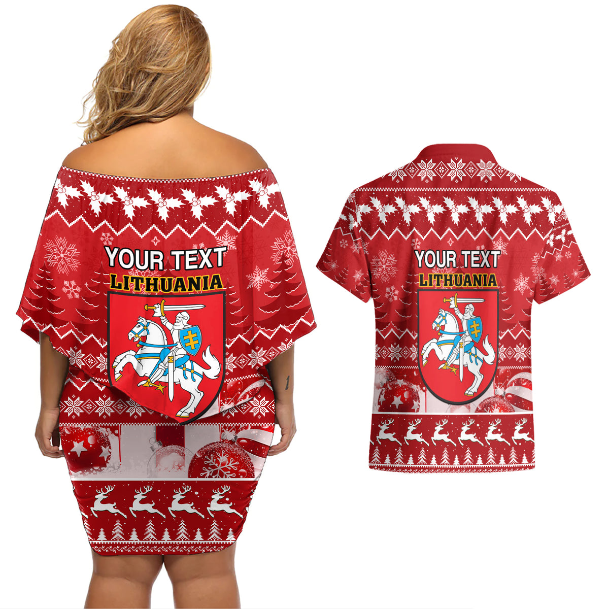 Personalised Lithuania Christmas Couples Matching Off Shoulder Short Dress and Hawaiian Shirt Linksmu Kaledu - Wonder Print Shop