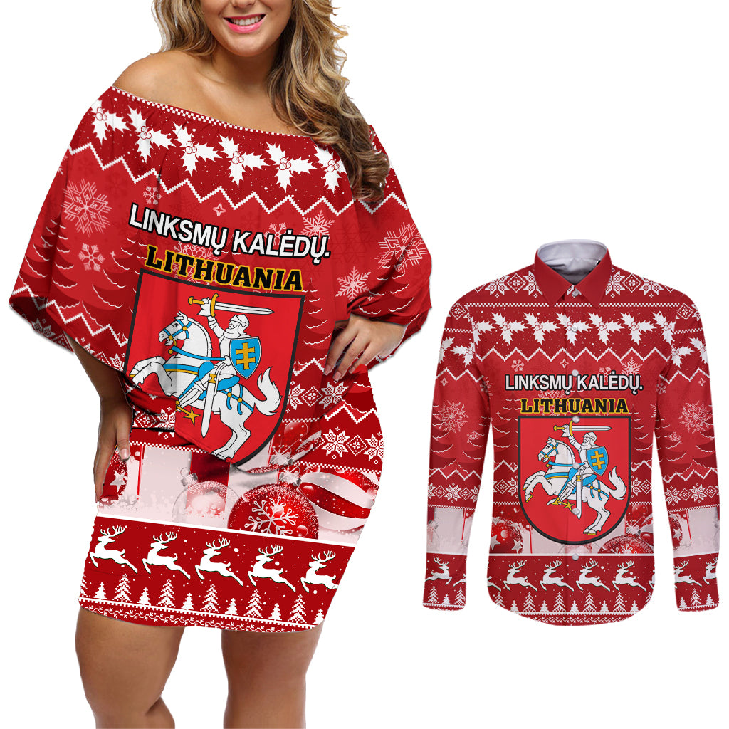 Personalised Lithuania Christmas Couples Matching Off Shoulder Short Dress and Long Sleeve Button Shirt Linksmu Kaledu - Wonder Print Shop