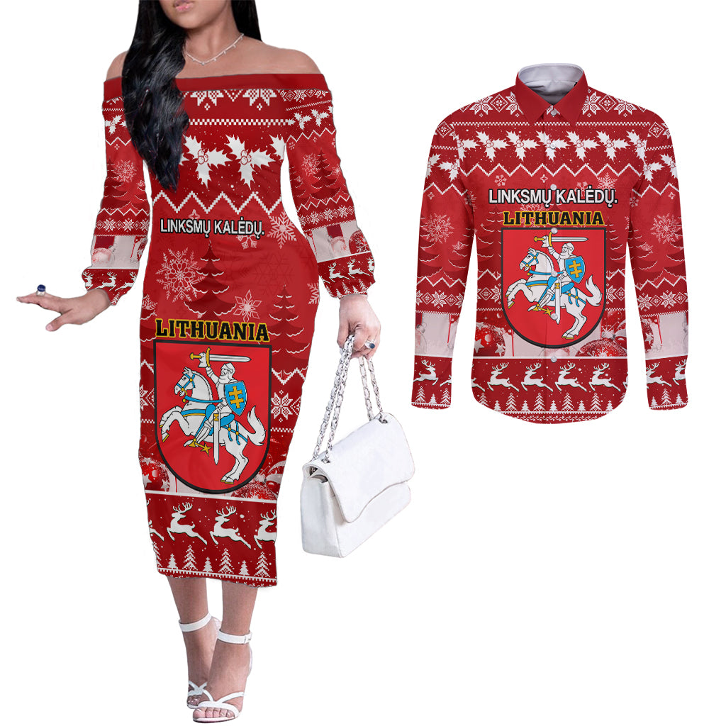 personalised-lithuania-christmas-couples-matching-off-the-shoulder-long-sleeve-dress-and-long-sleeve-button-shirt-linksmu-kaledu