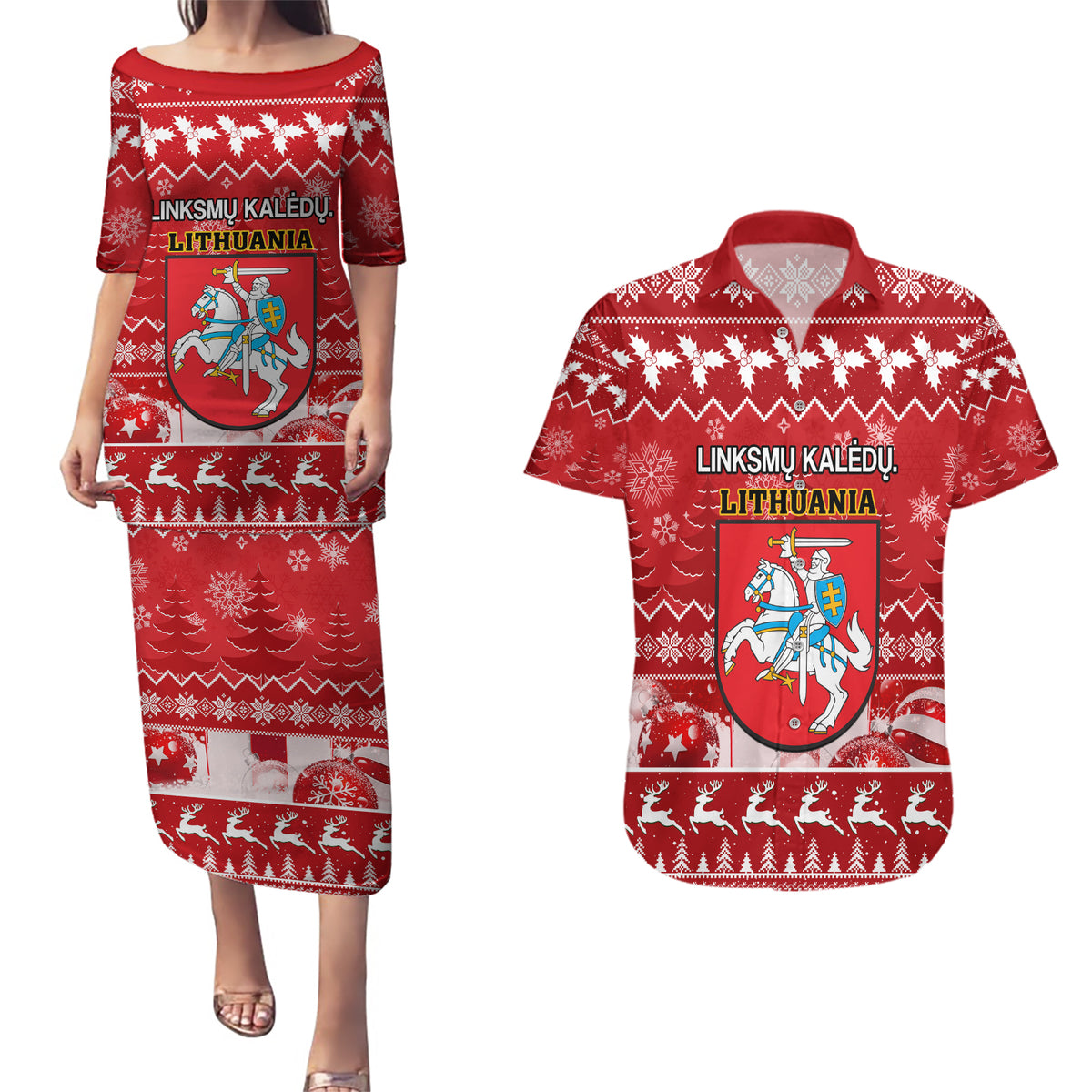 Personalised Lithuania Christmas Couples Matching Puletasi Dress and Hawaiian Shirt Linksmu Kaledu - Wonder Print Shop
