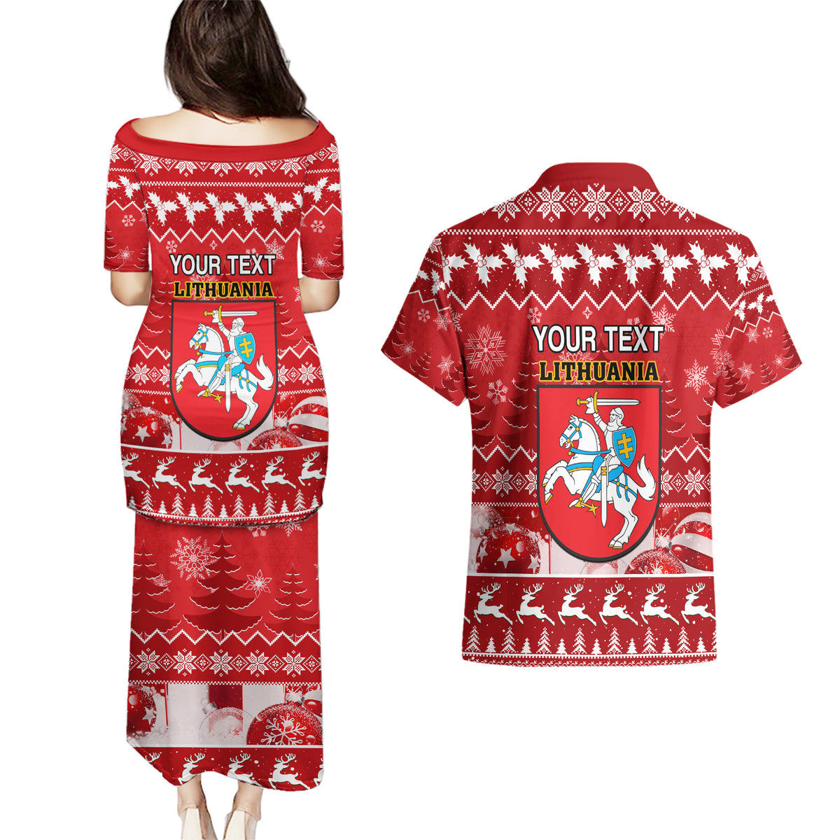 Personalised Lithuania Christmas Couples Matching Puletasi Dress and Hawaiian Shirt Linksmu Kaledu - Wonder Print Shop