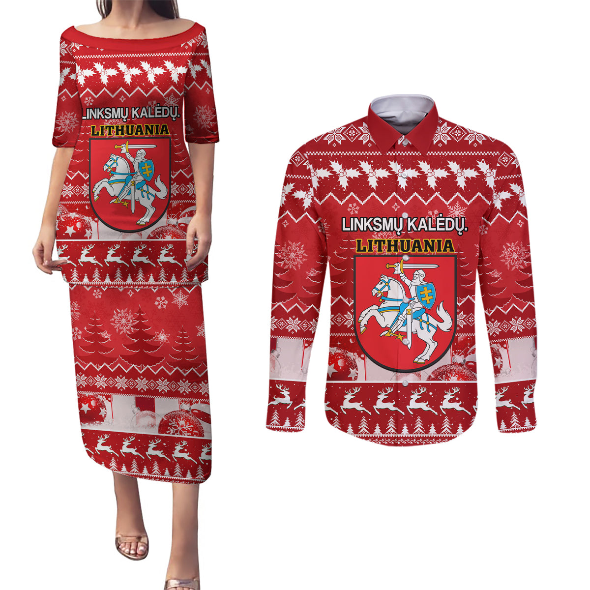 Personalised Lithuania Christmas Couples Matching Puletasi Dress and Long Sleeve Button Shirt Linksmu Kaledu - Wonder Print Shop