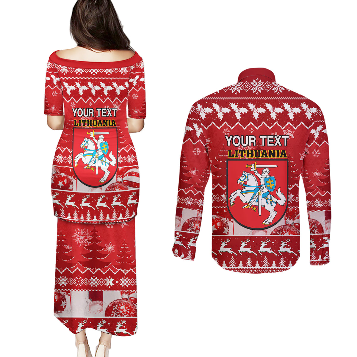 Personalised Lithuania Christmas Couples Matching Puletasi Dress and Long Sleeve Button Shirt Linksmu Kaledu - Wonder Print Shop