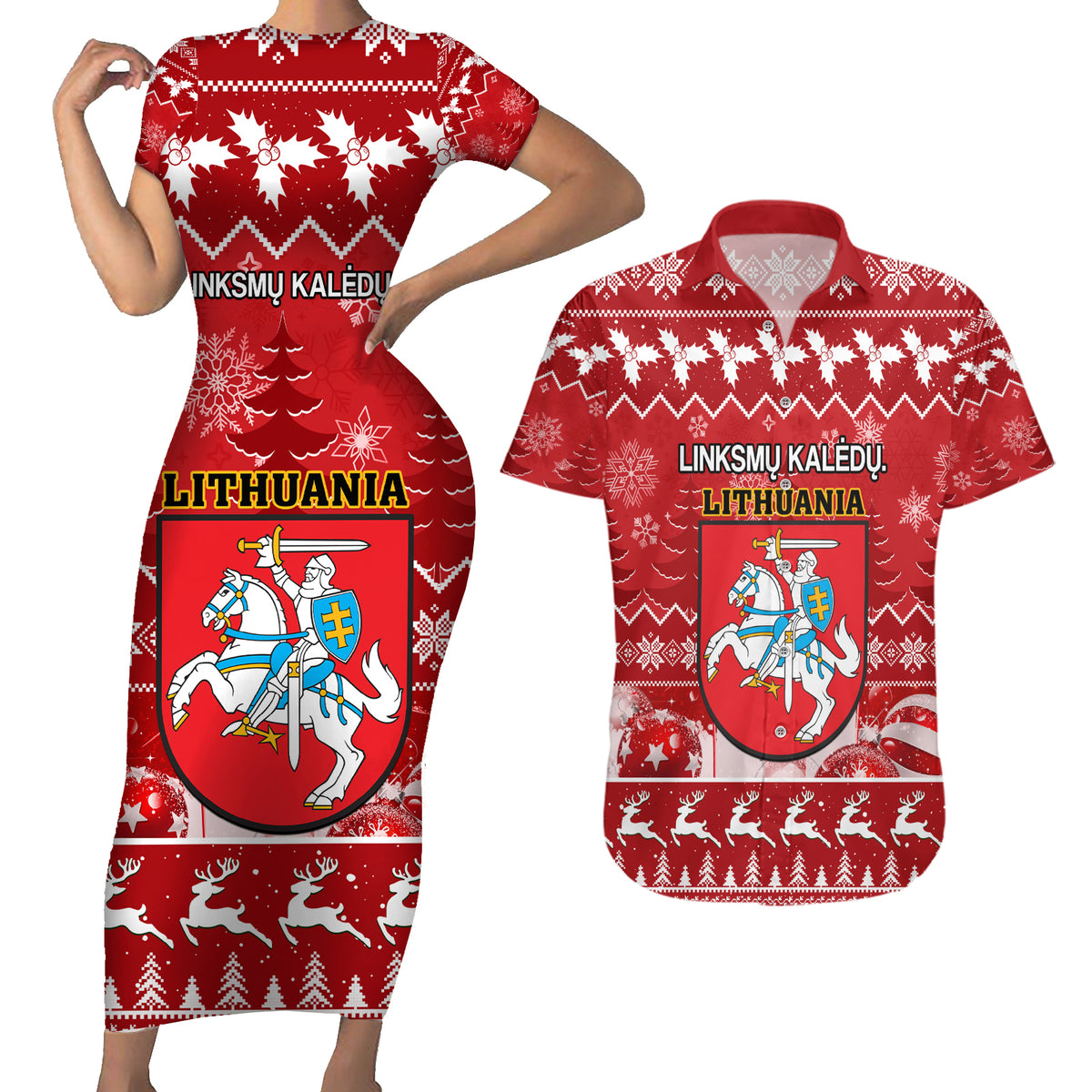 Personalised Lithuania Christmas Couples Matching Short Sleeve Bodycon Dress and Hawaiian Shirt Linksmu Kaledu - Wonder Print Shop