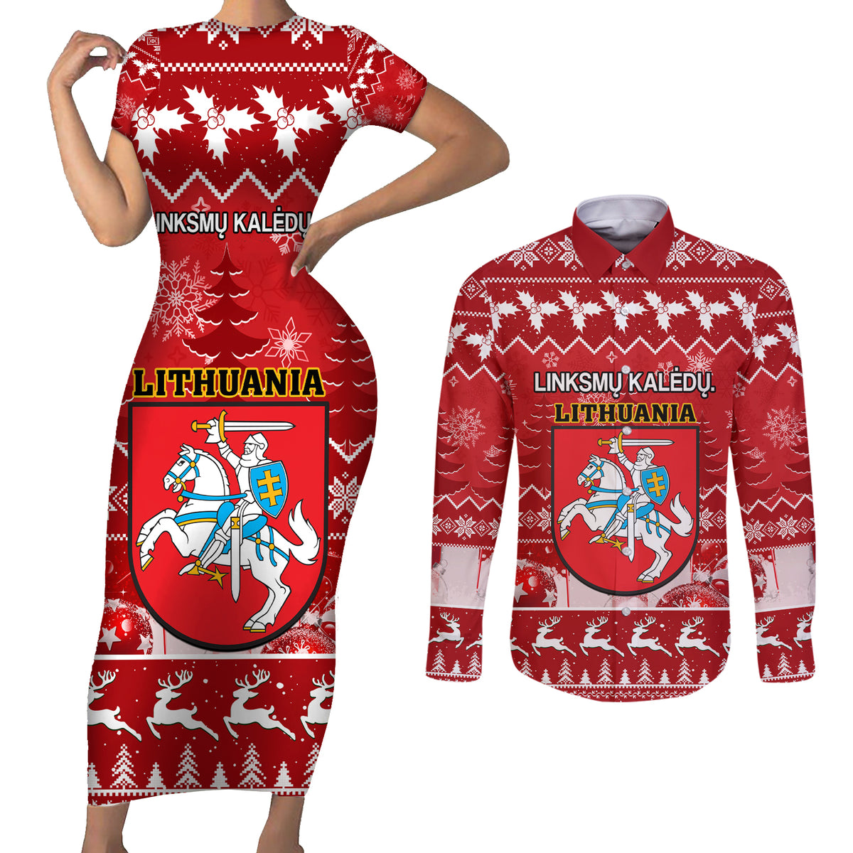 Personalised Lithuania Christmas Couples Matching Short Sleeve Bodycon Dress and Long Sleeve Button Shirt Linksmu Kaledu - Wonder Print Shop