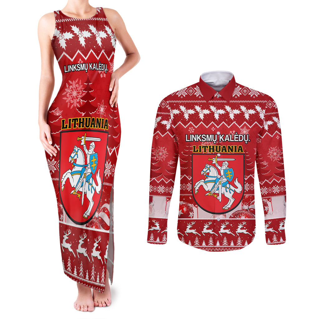 Personalised Lithuania Christmas Couples Matching Tank Maxi Dress and Long Sleeve Button Shirt Linksmu Kaledu - Wonder Print Shop