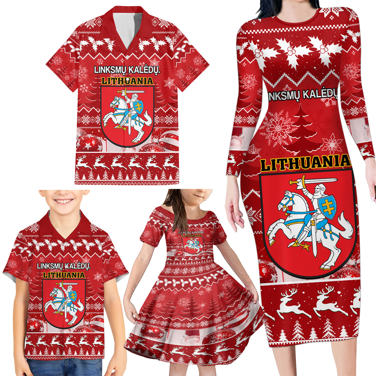 Personalised Lithuania Christmas Family Matching Long Sleeve Bodycon Dress and Hawaiian Shirt Linksmu Kaledu - Wonder Print Shop