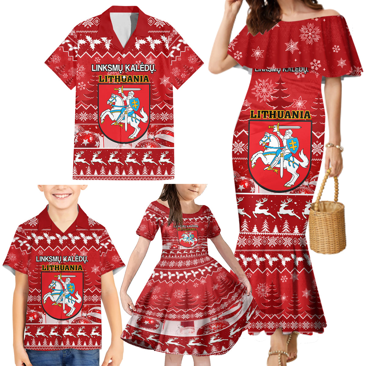 Personalised Lithuania Christmas Family Matching Mermaid Dress and Hawaiian Shirt Linksmu Kaledu - Wonder Print Shop