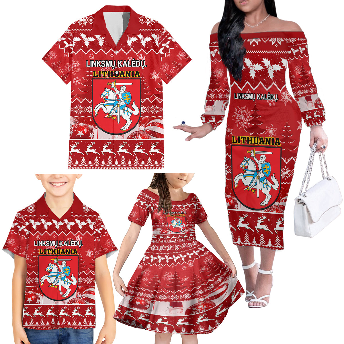 Personalised Lithuania Christmas Family Matching Off Shoulder Long Sleeve Dress and Hawaiian Shirt Linksmu Kaledu - Wonder Print Shop