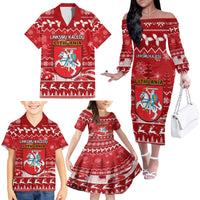 Personalised Lithuania Christmas Family Matching Off Shoulder Long Sleeve Dress and Hawaiian Shirt Linksmu Kaledu - Wonder Print Shop
