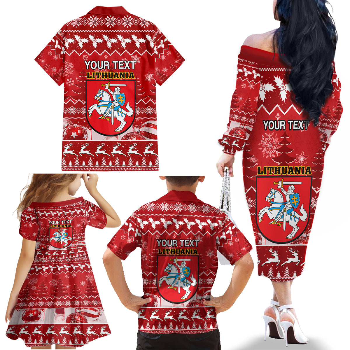 Personalised Lithuania Christmas Family Matching Off Shoulder Long Sleeve Dress and Hawaiian Shirt Linksmu Kaledu - Wonder Print Shop