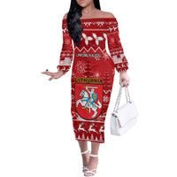 Personalised Lithuania Christmas Family Matching Off Shoulder Long Sleeve Dress and Hawaiian Shirt Linksmu Kaledu - Wonder Print Shop