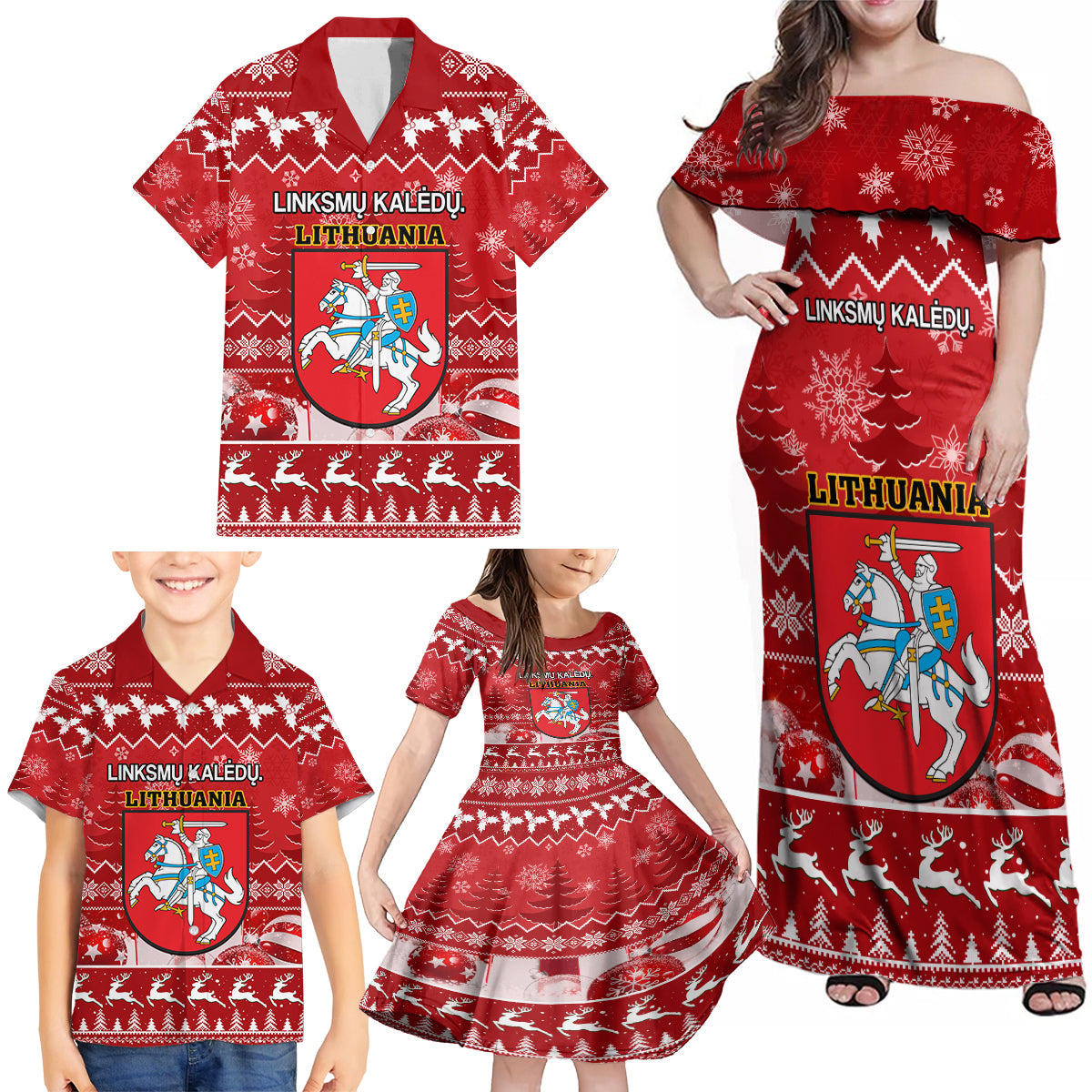 Personalised Lithuania Christmas Family Matching Off Shoulder Maxi Dress and Hawaiian Shirt Linksmu Kaledu - Wonder Print Shop