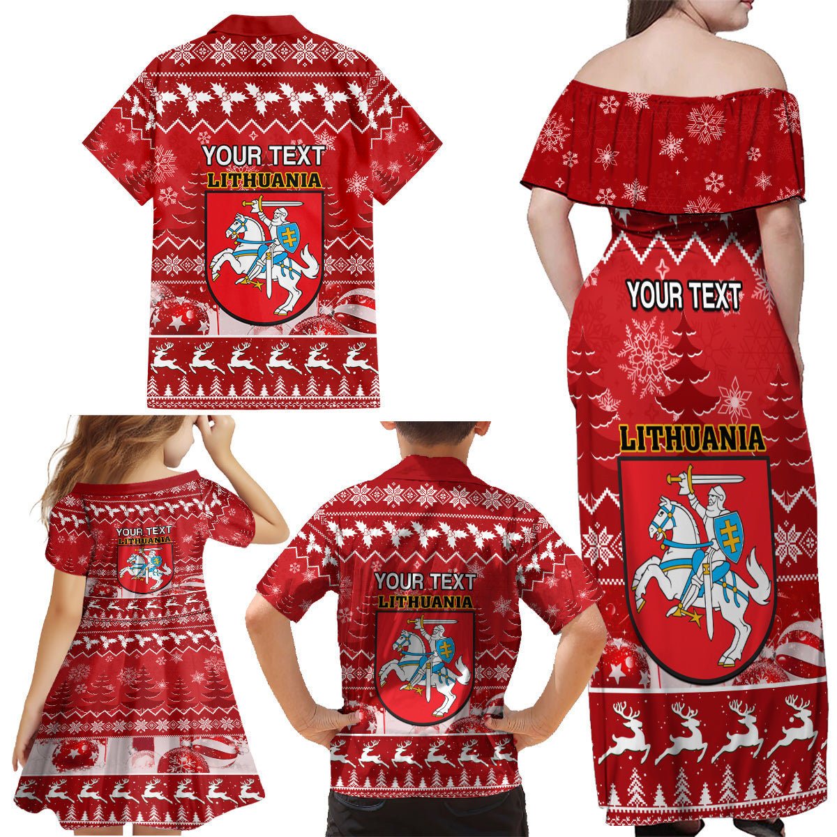 Personalised Lithuania Christmas Family Matching Off Shoulder Maxi Dress and Hawaiian Shirt Linksmu Kaledu - Wonder Print Shop