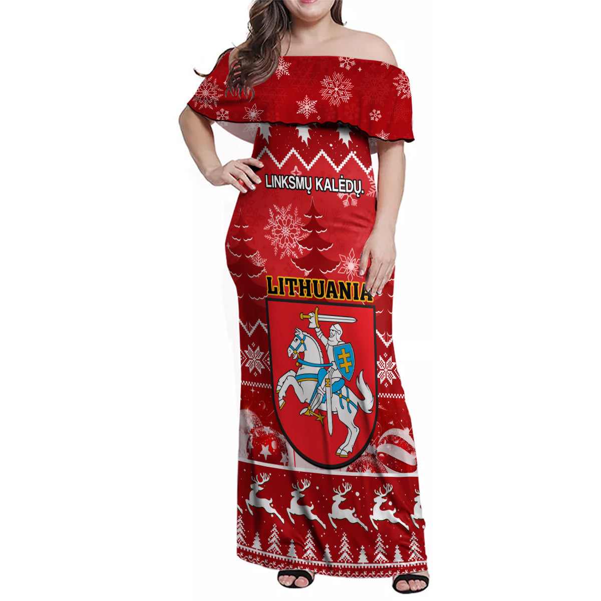 Personalised Lithuania Christmas Family Matching Off Shoulder Maxi Dress and Hawaiian Shirt Linksmu Kaledu - Wonder Print Shop