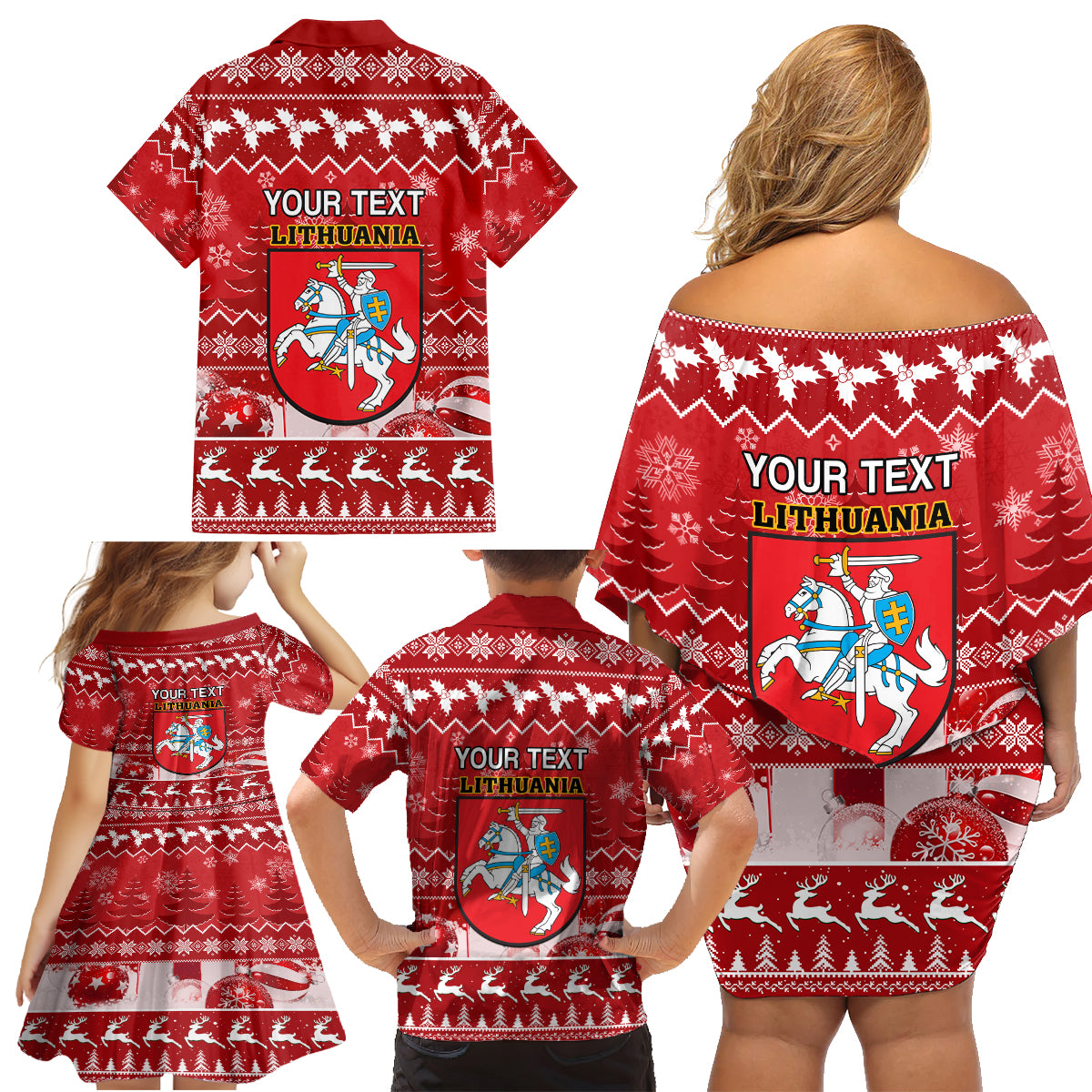 Personalised Lithuania Christmas Family Matching Off Shoulder Short Dress and Hawaiian Shirt Linksmu Kaledu - Wonder Print Shop